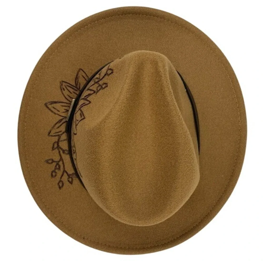 Fedora Hat Burned Sunflower Design Tan Wide-Brimmed Poly/Wool Blend‎ One Size - Picture 6 of 11